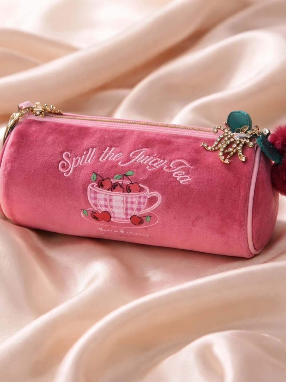 Juicy Couture Pink Velvet 'Spill the Juicy Tea' Barrel Cosmetic Bag